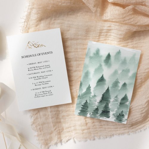 Green and Gold Mountain Wedding Schedule of Events Enclosure Card