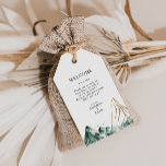 Green and Gold Mountain Wedding Welcome Gift Tags<br><div class="desc">These green and gold mountain wedding welcome gift tags are perfect for your elegant boho mountain forest wedding. With a rustic emerald green watercolor landscape dotted with trees,  birds,  and highlights of gold foil. It's just what you're looking for to complete your unique modern destination wedding.</div>
