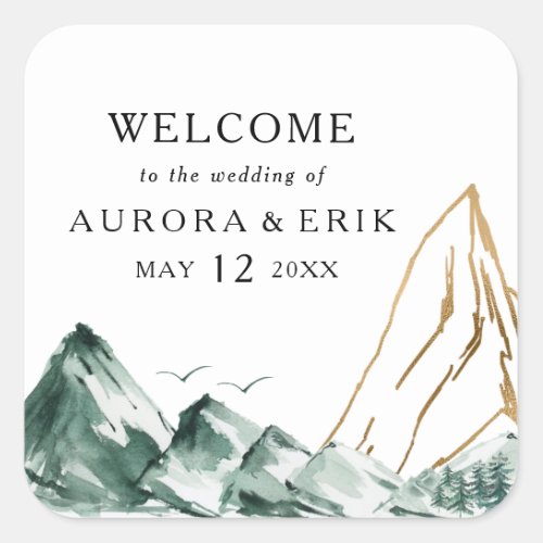 Green and Gold Mountain Wedding Welcome Square Sticker