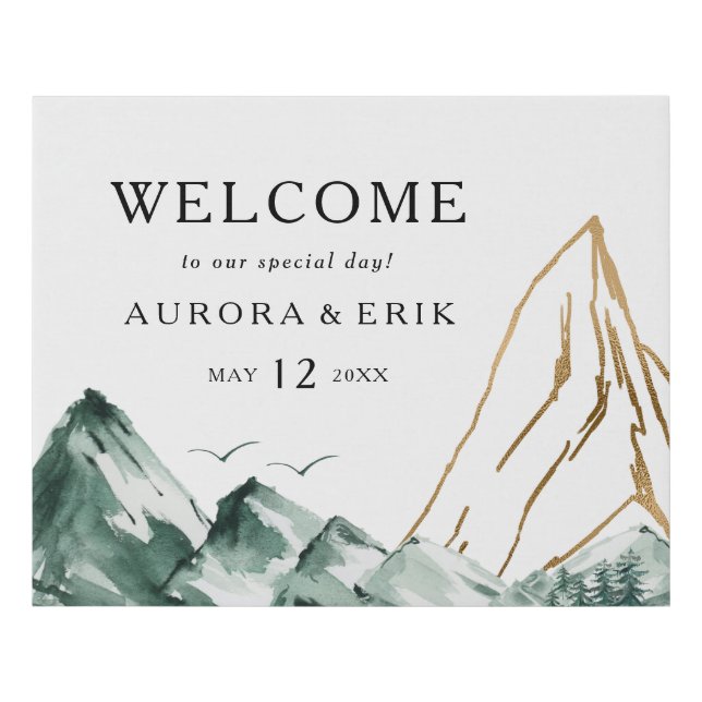 Green and Gold Mountain Welcome Faux Canvas Print (Front)