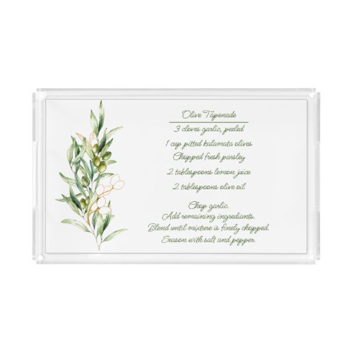 Green and Gold Olive Branch Tapenade Recipe Acrylic Tray