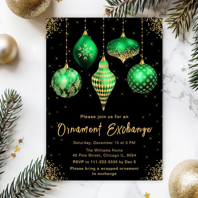 Green and Gold Ornament Exchange Party Invitation (Creator Uploaded)