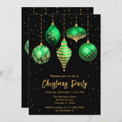 Green and Gold Ornaments Christmas Party Invitation