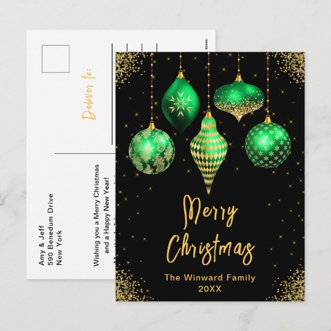 Green and Gold Ornaments Merry Christmas Holiday Postcard (Front/Back)