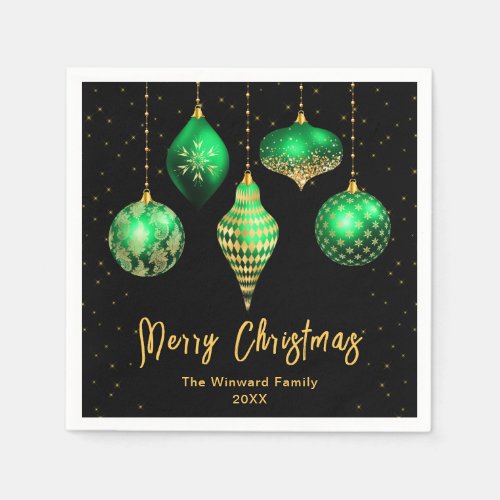 Green and Gold Ornaments Merry Christmas Napkins