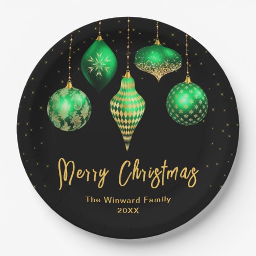 Green and Gold Ornaments Merry Christmas Paper Plates