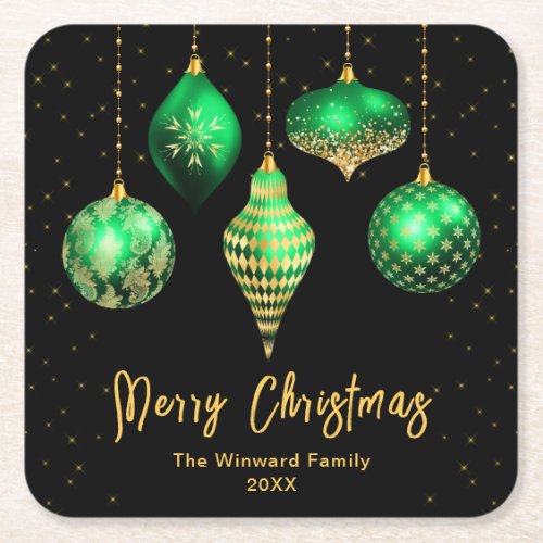 Green and Gold Ornaments Merry Christmas Square Paper Coaster