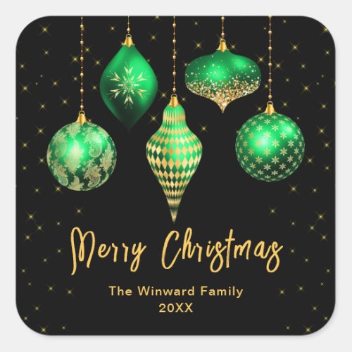 Green and Gold Ornaments Merry Christmas Square Sticker