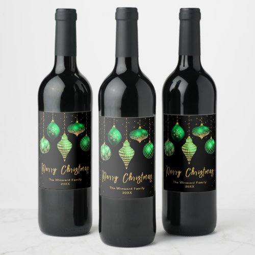 Green and Gold Ornaments Merry Christmas Wine Label
