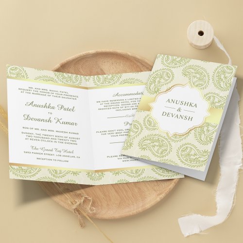Green and Gold Paisley Traditional Indian Wedding Invitation