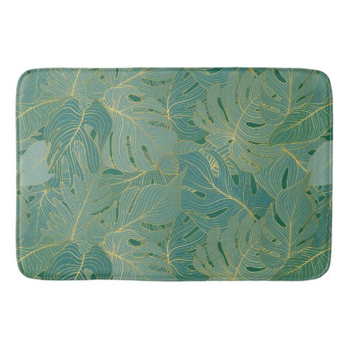 Green and gold palm leaves pattern bath mat