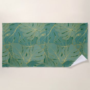 Green And Gold Palm Leaves Pattern Beach Towel by artOnWear at Zazzle