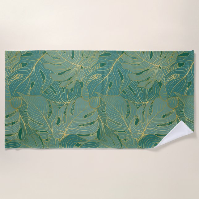 Green and gold palm leaves pattern beach towel (Front)
