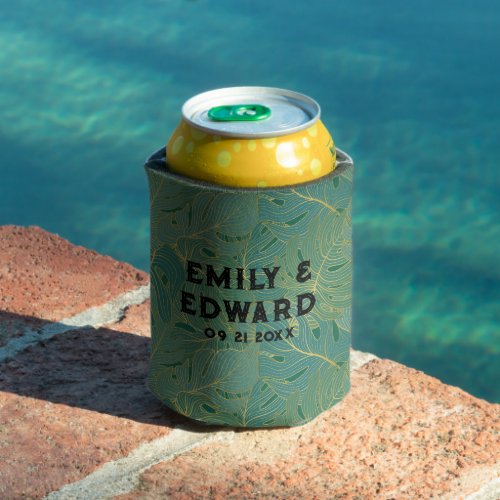 Green and gold palm leaves pattern can cooler