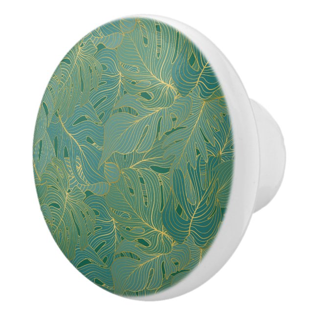 Green and gold palm leaves pattern ceramic knob (Right)