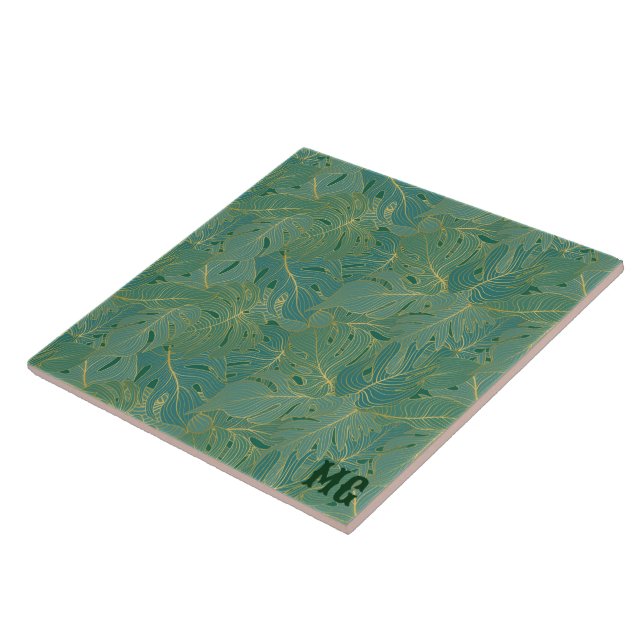 Green and gold palm leaves pattern ceramic tile (Side)