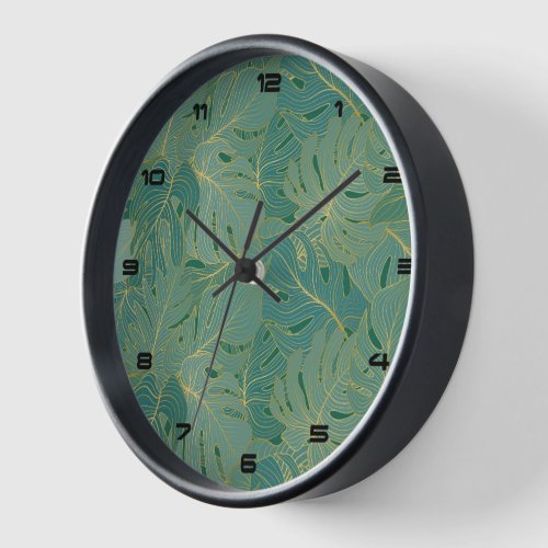 Green and gold palm leaves pattern clock