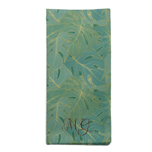 Green and gold palm leaves pattern cloth napkin