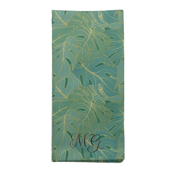 Green and gold palm leaves pattern cloth napkin (Folded)