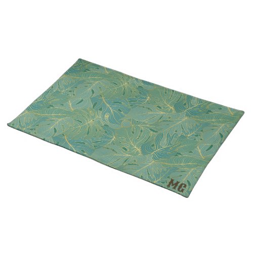 Green and gold palm leaves pattern cloth placemat