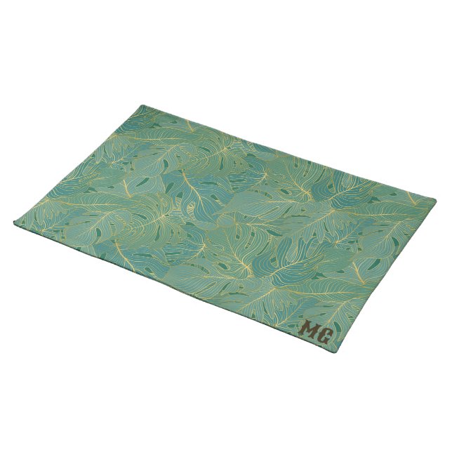 Green and gold palm leaves pattern cloth placemat (On Table)