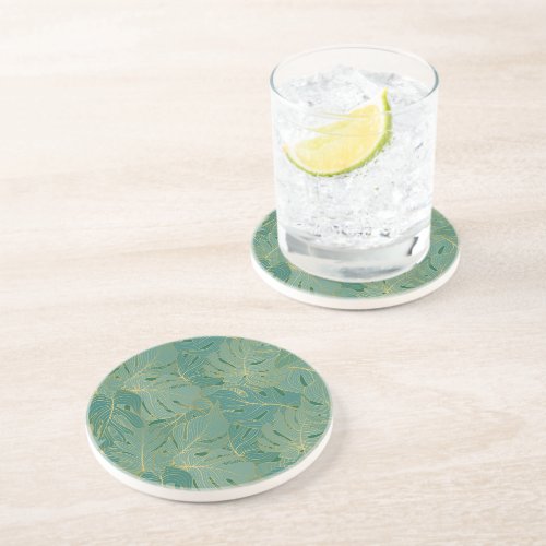 Green and gold palm leaves pattern coaster