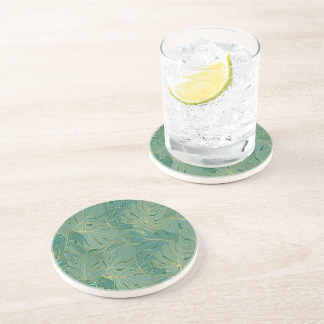 Green and gold palm leaves pattern coaster (Side)