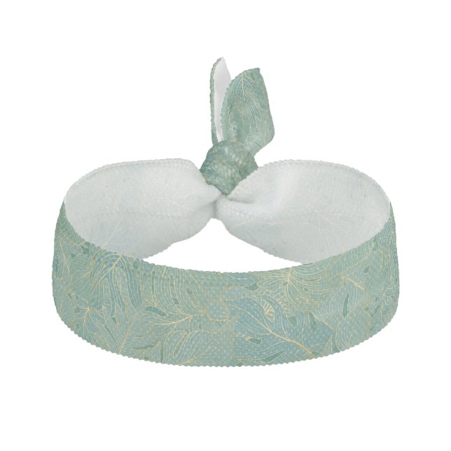 Green and gold palm leaves pattern elastic hair tie (Front)