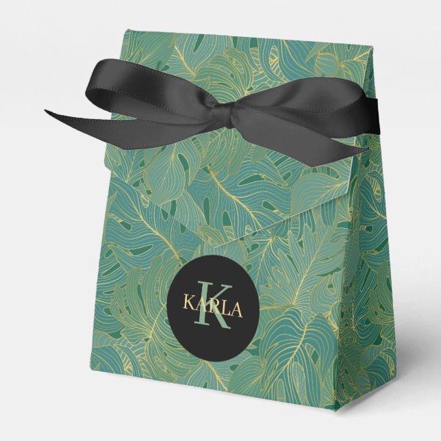 Green and gold palm leaves pattern favor boxes (Front Side)