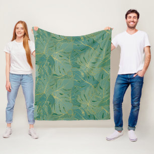 Green and gold palm leaves pattern fleece blanket