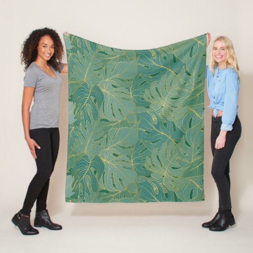 Green and gold palm leaves pattern fleece blanket