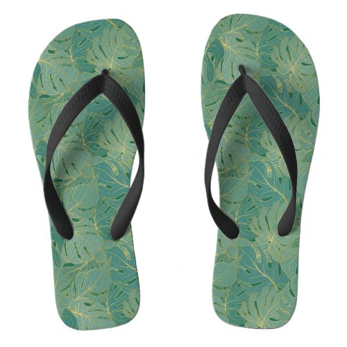 Green and gold palm leaves pattern flip flops