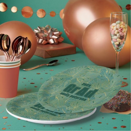 Green and gold palm leaves pattern grad party paper plates