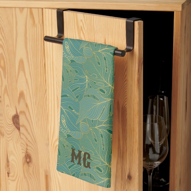 Green and gold palm leaves pattern kitchen towel (Thirds Fold)
