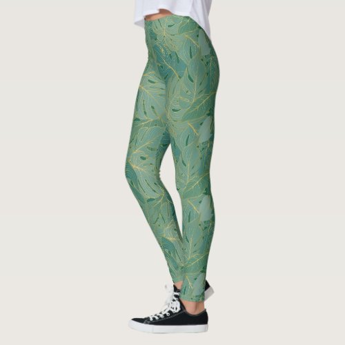 Green and gold palm leaves pattern leggings
