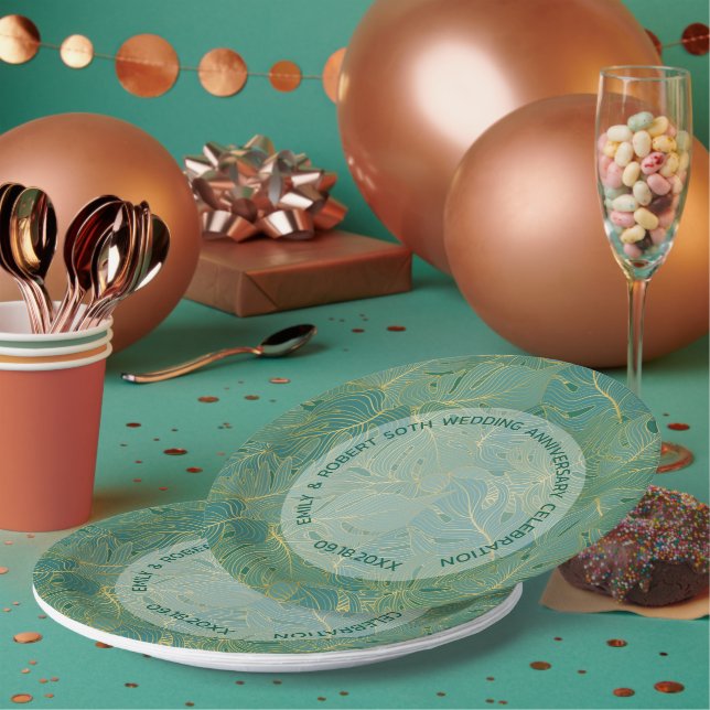 Green and gold palm leaves pattern paper plates (Multi)