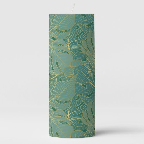Green and gold palm leaves pattern pillar candle