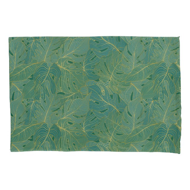 Green and gold palm leaves pattern pillow case (Front-Left)