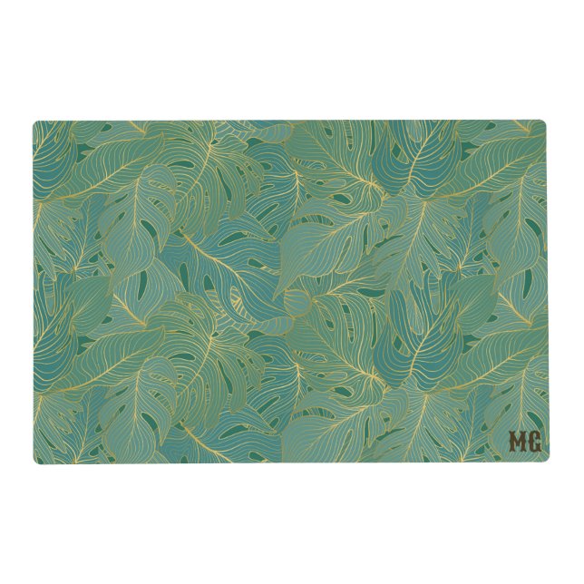 Green and gold palm leaves pattern placemat (Front)