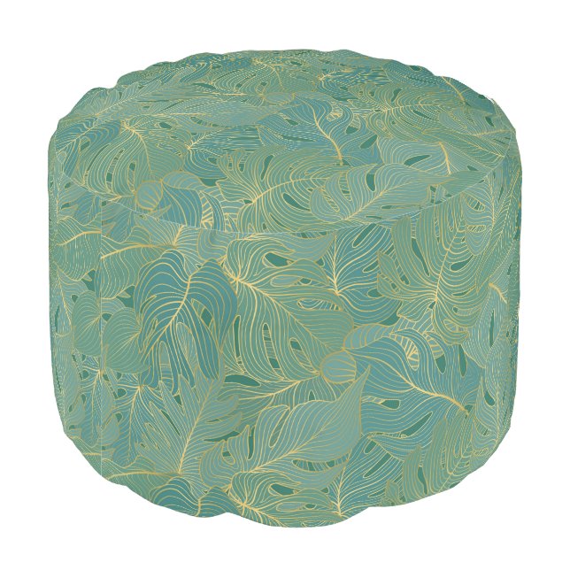 Green and gold palm leaves pattern pouf (Angled Back)