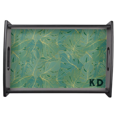 Green and gold palm leaves pattern serving tray