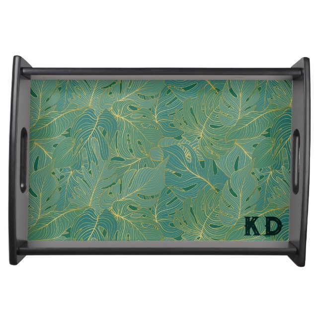 Green and gold palm leaves pattern serving tray (Front)