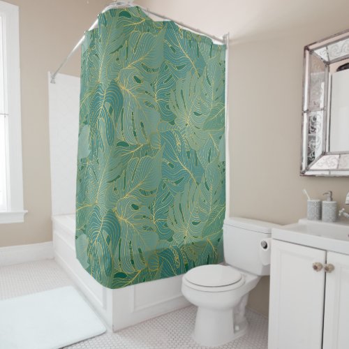 Green and gold palm leaves pattern shower curtain