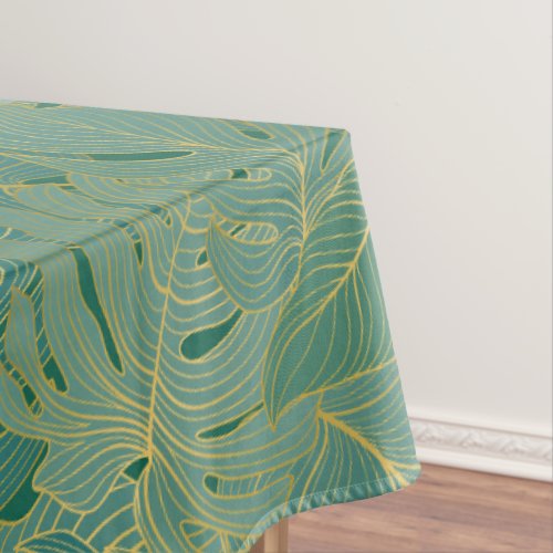 Green and gold palm leaves pattern tablecloth