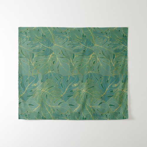 Green and gold palm leaves pattern tapestry