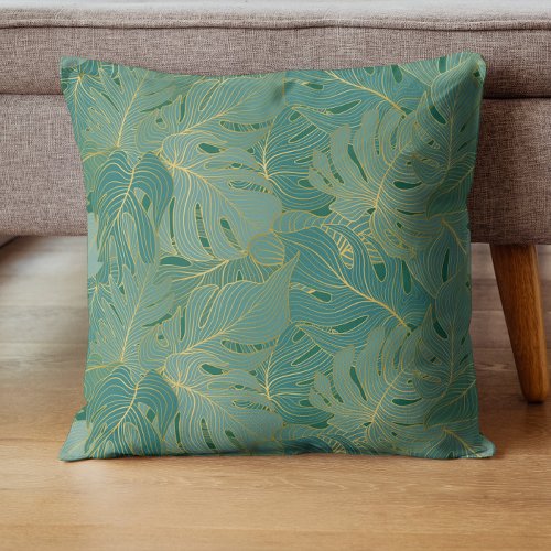 Green and gold palm leaves pattern throw pillow