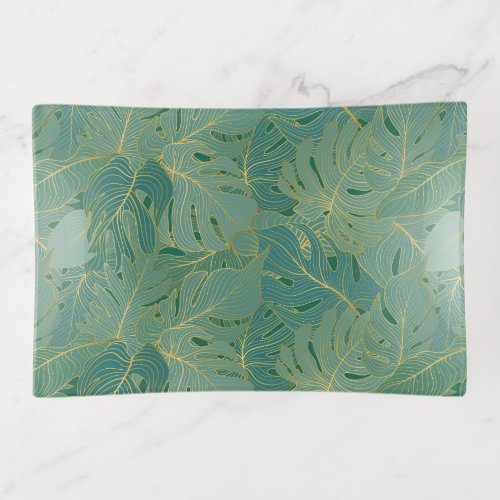 Green and gold palm leaves pattern trinket tray