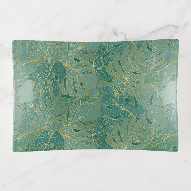 Green and gold palm leaves pattern trinket tray (Front)