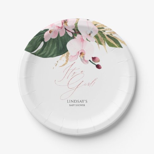 Green and Gold Palm Leaves Pink Orchids Elegant Paper Plates