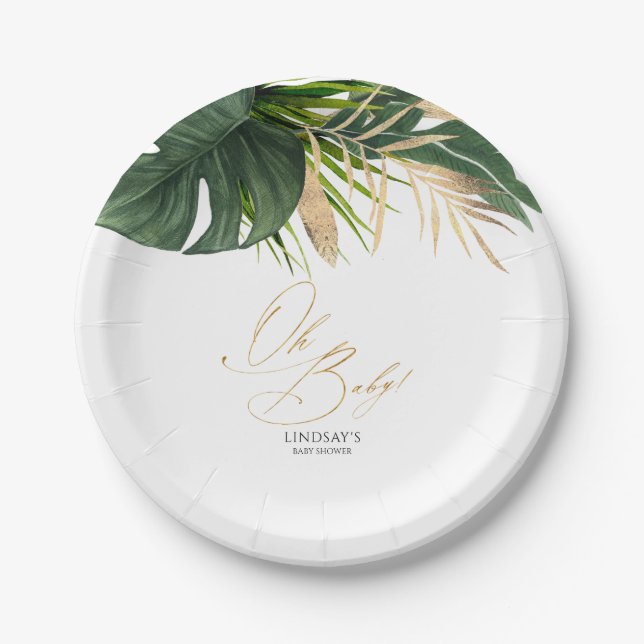 Green and Gold Palm Leaves Tropical Elegant Paper Plates (Front)